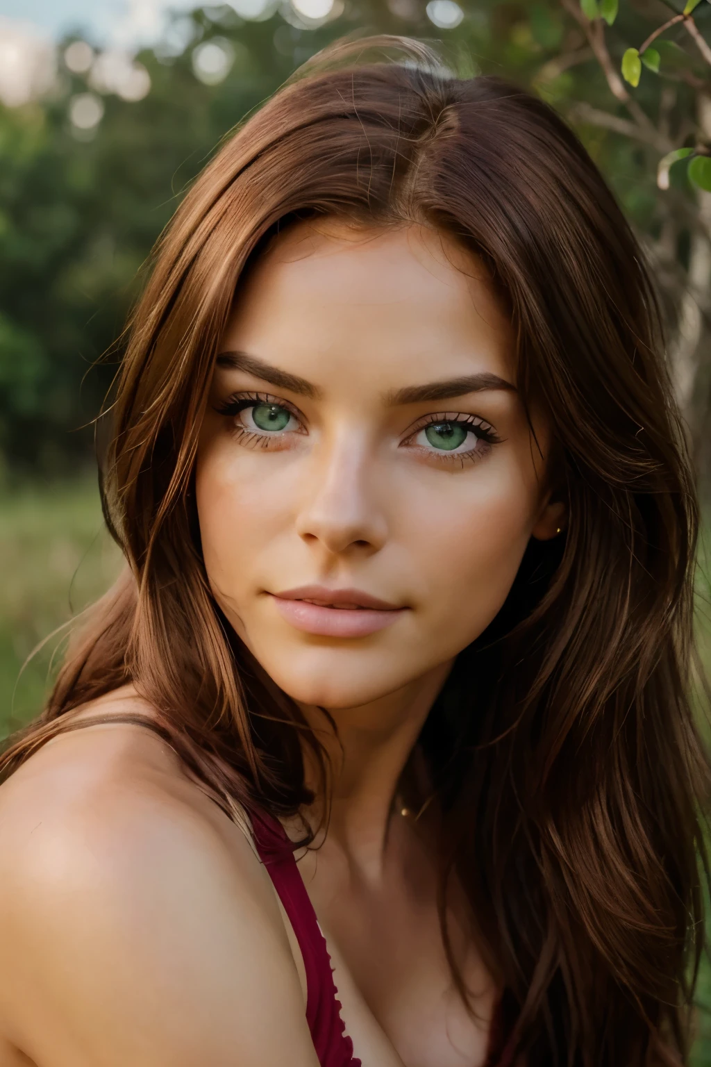 A close up of a woman with long brown hair and green eyes - SeaArt AI