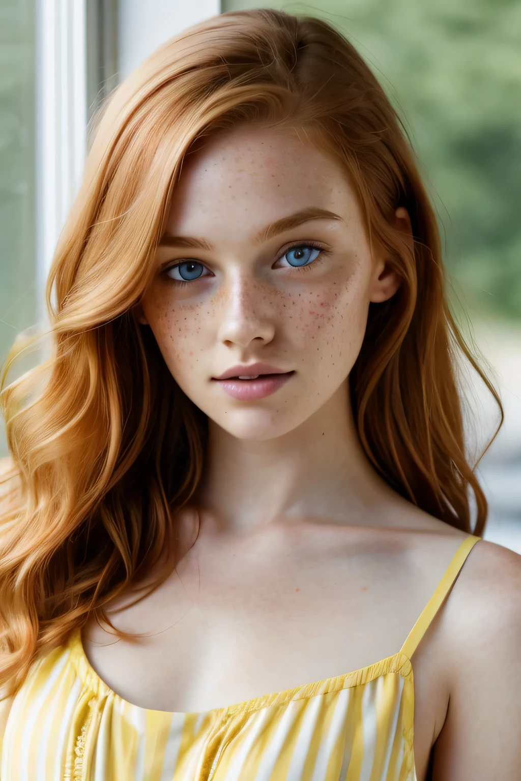 selfie, 1girl in, age19, Solo, Aesthetic artwork, irish redhead, wavy ginger hair, shoulder length ginger hair, (gray eyes), light grey eyes, some small freckles, pale skin, A-cup, small breasts, runners body, detailed skin texture, (extremely detailed 8k wallpaper), soft lighting, high quality, film grain, Fujifilm XT3 sharp focus, f 5.6, 50mm, High Detail, Sharp focus,(natural light), (wearing a yellow sundress), yellow sundress, (wearing yellow sundress), crazy details, complex details, hyper detailed