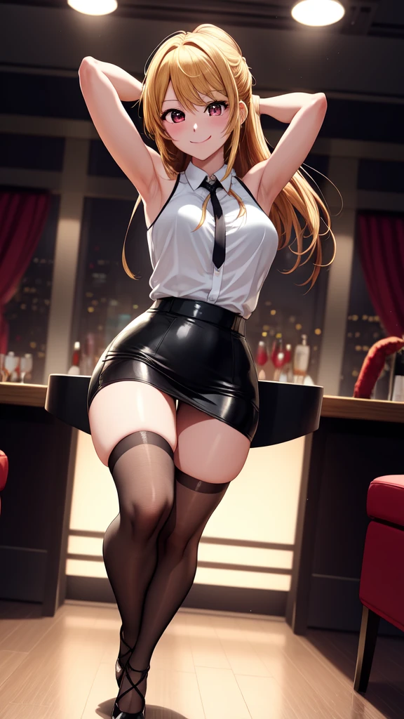 anime, beautiful face, highly detailed face, 2 accurate legs detailed eyes, highly detailed background, perfect lighting, accurate arms, accurate hands, accurate fingers, beautiful blonde hair, full body, 1girl, solo, ruby hoshino, oshi no ko, indoors, detailed heels, black heels, detailed thighhighs, absurdres, high res, ultrasharp, 8K, masterpiece, looking at viewer, teasing smile, elegant pose, clubbing, in a nightclub, beautiful nightclub outfit, beautiful pencil skirt, arms folded