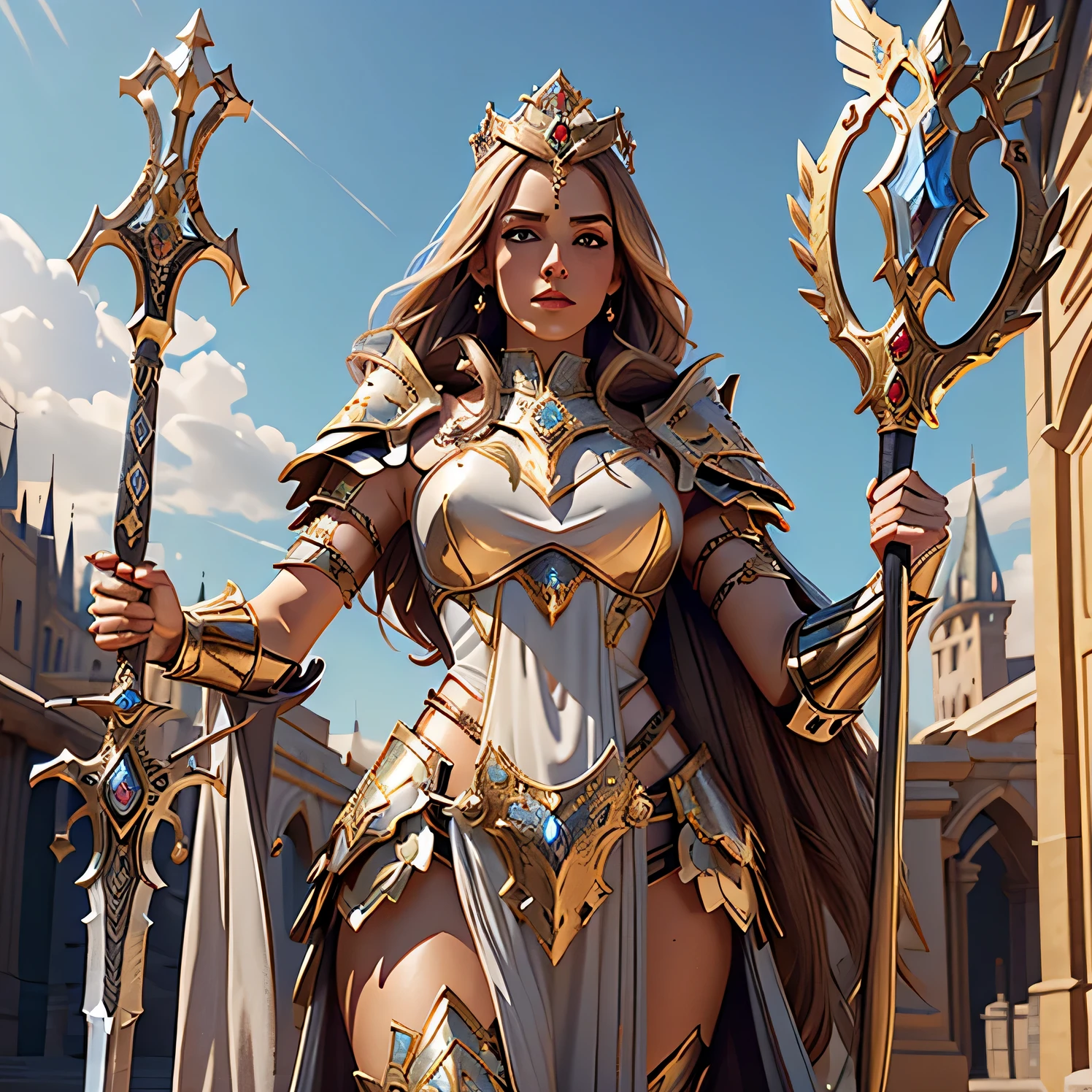 Best quality, masterpiece, ultra high resolution, (photorealistic: 1.4)
1 girl. beauty. knight. Huge sword and shield. Magnificent armor. Magic jewelry. crown