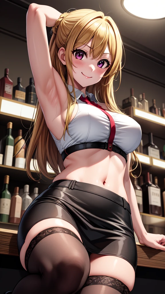 anime, beautiful face, highly detailed face, 2 accurate legs detailed eyes, highly detailed background, perfect lighting, beautiful blonde hair, accurate arms, accurate hands, accurate fingers, full body, 1girl, solo, ruby hoshino, oshi no ko, indoors, detailed heels, black heels, detailed thighhighs, absurdres, high res, ultrasharp, 8K, masterpiece, looking at viewer, teasing smile, clubbing, in a nightclub, nightclub outfit, sexy underboob, pencil skirt, at the bar