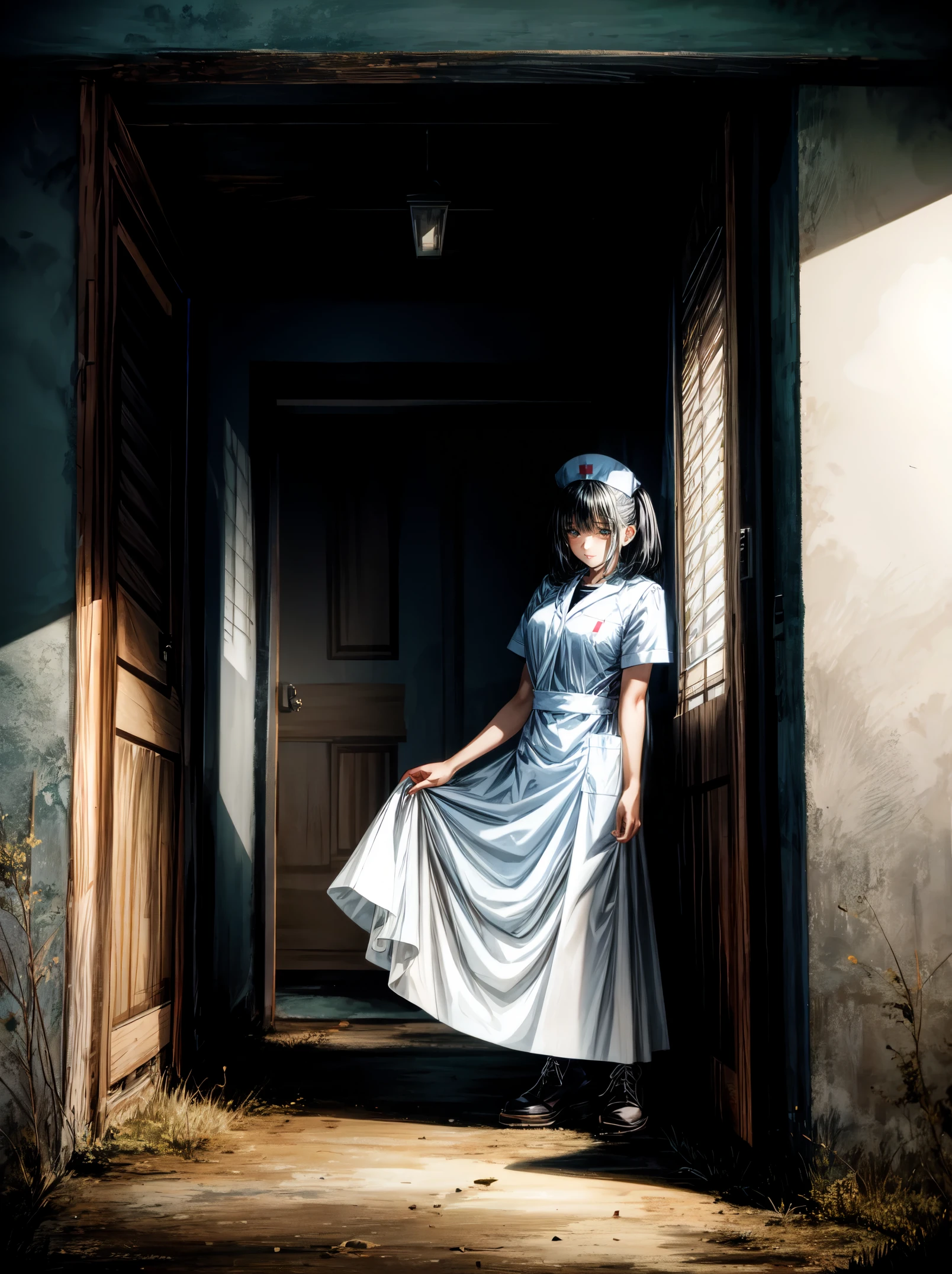 Amid the intense shadows of the abandoned house under the moonlight, the nurse emerges with a presence that shivers the spine. His uniform, highlighted by the black and white color palette with subtle touches of blue and yellow, emanates a strangely disturbing sensation. The pale light of the moon reveals details of the deteriorated wood, while worn textures on the walls tell silent stories of an unknown past. Inspired by the disturbing style of Junji Ito, the scene promises a unique visual experience of horror. The determined look of the nurse, illuminated by a cold lunar light, reflects the dark and mysterious aura of the environment. Each step resonates with a ghostly echo through the empty corridors. The 3D design of the scenery adds an additional dimension to the atmosphere, immersing itself even more in the feeling of abandonment and desolation. The shadows dance sinisterly, creating disturbing illusions that challenge perception. The nurse advances with courage, facing the unknown while the environment comes to life with a supernatural aura. | {The camera is positioned very close to her, revealing her entire body as she adopts a dynamic_pose, interacting with and leaning on a structure in the scene in an exciting way} | She is adopting a ((dynamic_pose as interacts, boldly leaning on a structure, leaning back in an exciting way):1.3), ((perfect_pose)), ((full-body)), ((perfect_fingers, better_hands, perfect_hands, perfect_legs):1), ((More Detail)).