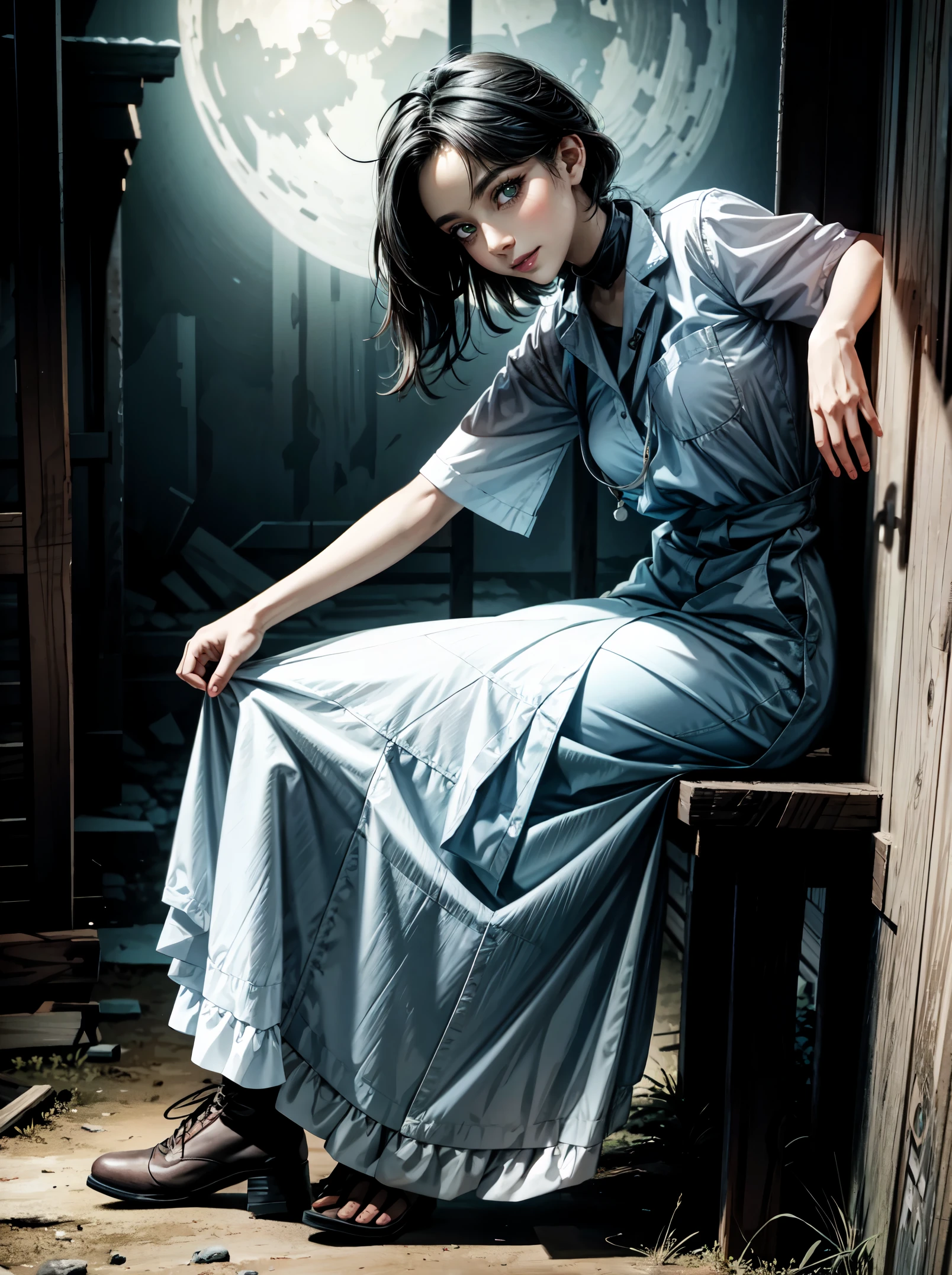 Amid the intense shadows of the abandoned house under the moonlight, the nurse emerges with a presence that shivers the spine. His uniform, highlighted by the black and white color palette with subtle touches of blue and yellow, emanates a strangely disturbing sensation. The pale light of the moon reveals details of the deteriorated wood, while worn textures on the walls tell silent stories of an unknown past. Inspired by the disturbing style of Junji Ito, the scene promises a unique visual experience of horror. The determined look of the nurse, illuminated by a cold lunar light, reflects the dark and mysterious aura of the environment. Each step resonates with a ghostly echo through the empty corridors. The 3D design of the scenery adds an additional dimension to the atmosphere, immersing itself even more in the feeling of abandonment and desolation. The shadows dance sinisterly, creating disturbing illusions that challenge perception. The nurse advances with courage, facing the unknown while the environment comes to life with a supernatural aura. | {The camera is positioned very close to her, revealing her entire body as she adopts a dynamic_pose, interacting with and leaning on a structure in the scene in an exciting way} | She is adopting a ((dynamic_pose as interacts, boldly leaning on a structure, leaning back in an exciting way):1.3), ((perfect_pose)), ((full-body)), ((perfect_fingers, better_hands, perfect_hands, perfect_legs):1), ((More Detail)).