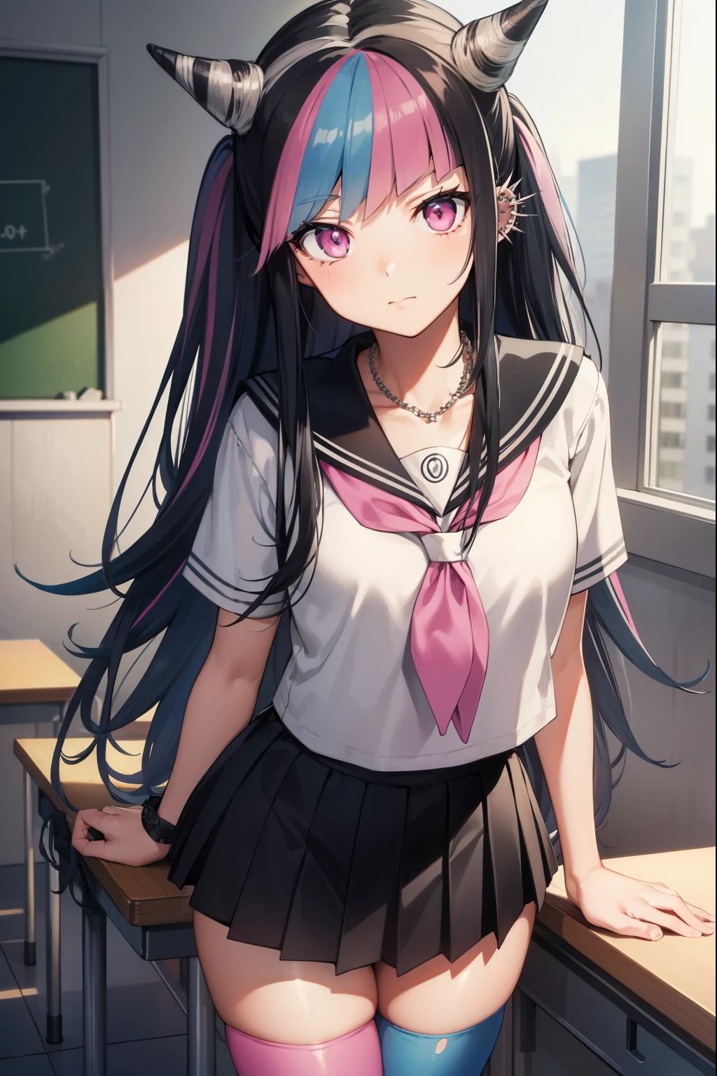 ibukimioda, ibuki mioda, black hair, blue hair, hair horns, ear piercing, lip piercing, long hair, multicolored hair, (pink eyes:1.5), pink hair, white hair,
BREAK asymmetrical legwear, black skirt, blue thighhighs, jewelry, mismatched legwear, neckerchief, necklace, piercing, pleated skirt, ring, school uniform, serafuku, shirt, skirt, thighhighs, torn clothes, torn thighhighs, zettai ryouiki,
BREAK looking at viewer,
BREAK indoors, classroom,
BREAK (masterpiece:1.2), best quality, high resolution, unity 8k wallpaper, (illustration:0.8), (beautiful detailed eyes:1.6), extremely detailed face, perfect lighting, extremely detailed CG, (perfect hands, perfect anatomy),