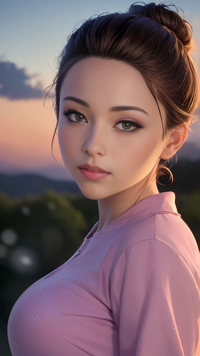 (highres,ultra-detailed,realistic:1.37),very detailed and accurate anime-style illustration,beautiful young girl's face with extremely detailed and perfectly round grey eyes, long brown hair tied up in a bun, pink shirt, background with overlapping clouds tinged with the colors of the sunset and falling snowflakes. A magnificent cage, intense red color, backlighting illuminating the beautiful hairline, inspired by Makoto Shinkai's animation style.