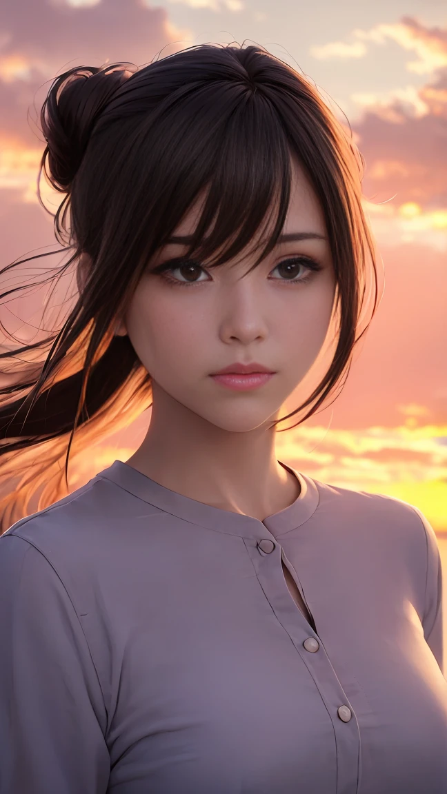 (highres,ultra-detailed,realistic:1.37),very detailed and accurate anime-style illustration,beautiful young girl's face with extremely detailed and perfectly round grey eyes, long brown hair tied up in a bun, pink shirt, background with overlapping clouds tinged with the colors of the sunset and falling snowflakes. A magnificent cage, intense red color, backlighting illuminating the beautiful hairline, inspired by Makoto Shinkai's animation style.