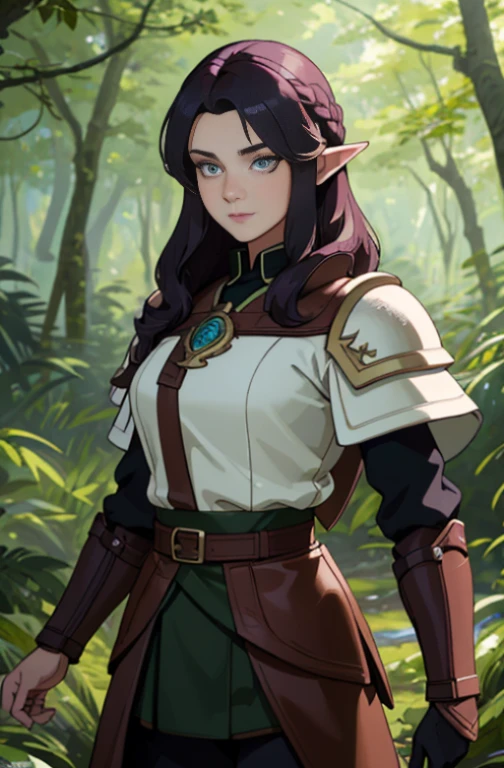 (masterpiece, best_quality, ultra-detailed, immaculate: 1.3), epic, illustration, wood elf scout, leather armor, dark hair, ((colored hair)), very long, in a lush spring forest, bombshell hair, hair blowing in wind, dense forest