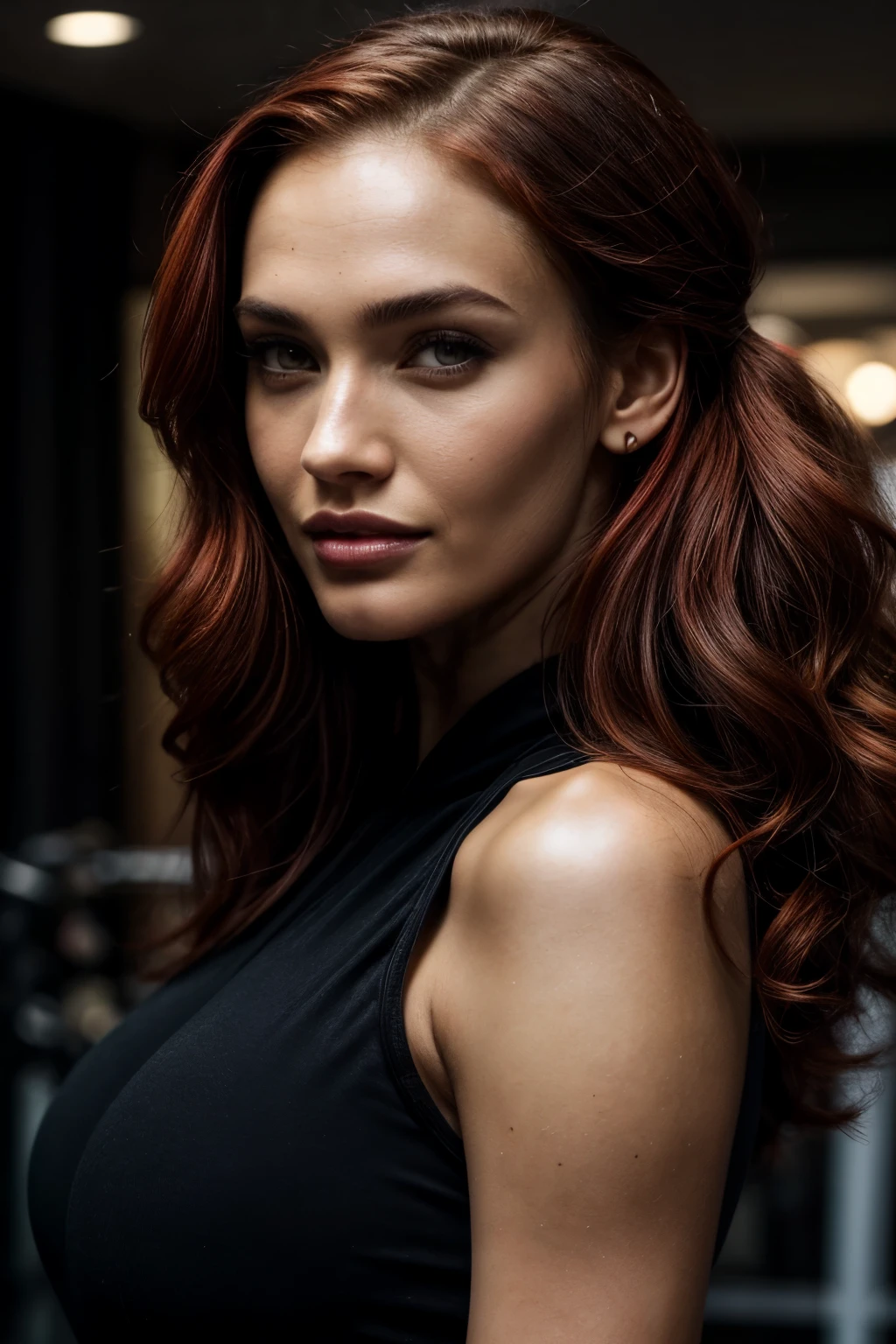 A woman with long red hair and a black top posing for a picture - SeaArt AI