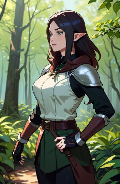 (masterpiece, best_quality, ultra-detailed, immaculate: 1.3), epic, illustration, wood elf scout, simple leather armor, dark hai...