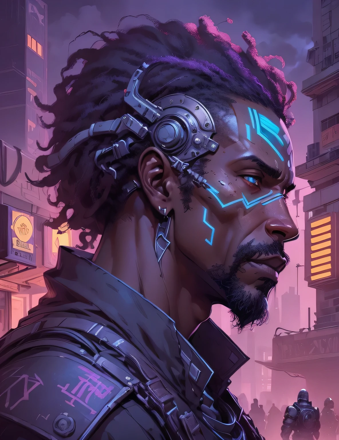 uma imagem de um homem negro, corpo inteiro, 25 anos, com rosto de denzel washington, careca, sem cabelo, cego, segurando um livro, in sci-fi clothes in a sci-fi city, Dust sky of clouds colored by magenta blues and violets, magos cyberpunk africanos, Mistborn Steel Inquisitor, Alquimista Steampunk Africano, personagem estelar, (detalhado), arte digital, dynamic poses, em um campo de batalha comicYoji Shinkawa Phoenix no estilo de fundo com ouro brilhante, 16k, Ultra HD, best possible quality, ultra detalhado, best possible resolution, Motor Unreal 5, fotografia profissional, perfeito, Furtastic_Detailer, ((luz neon)), alto detalhamento, 8k, rpg concept art, irreal 5. retrato de rpg, epic sci-fi character art, arte do personagem shadowrun, irreal 5. retrato de rpg, retrato de um hidromante masculino, epic sci-fi character art