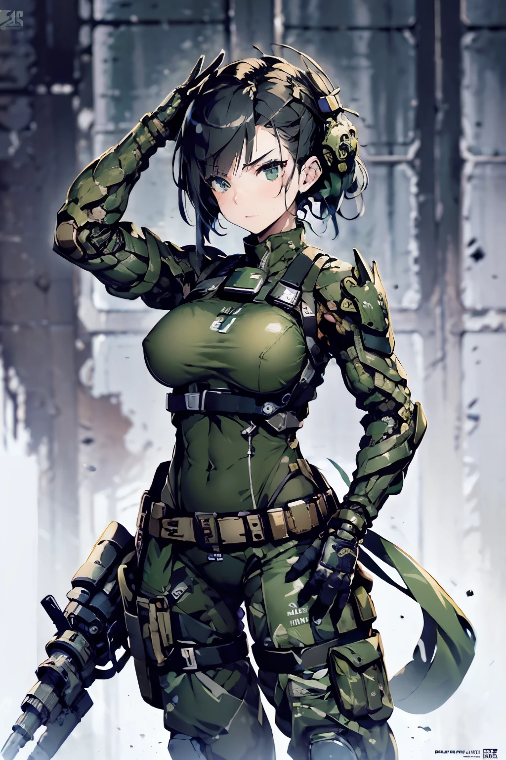 美麗的 female soldier in a green uniform holding a gun, 破爛的軍用裝備, 机械化女兵, 超大機械外骨骼手臂和腿, 靈感來自士郎道地, 機甲少女, 机械化武神少女, 庫沙特·肯茲, 步兵女孩, 僅皮膚, 運動健美的身材, 皮膚出汗, 光著身子, 迷彩圖案, 美麗的 Face, 柴油龐克主題, Fiverr Dnd 角色, 辛烷渲染, 數位藝術, 極致細節, 4k, 超高畫質, 拋光, 美麗的, 超詳細, 錯綜複雜, 精心製作的, 細緻, 逼真的, 銳利的焦點, 哎呀, 角色設計, 虛幻引擎, 3d 渲染, 體積照明, 反思, 光滑, 數位插圖, 姿勢, Suggestive 姿勢, 猥褻, 全身照, 裸, 裸體, 裸露的乳房, 暴露的乳房, 暴露胯部, 乳頭可見, 陰道腫脹, 解剖學上正確的 💖❤💕💋