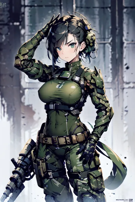 Beautiful female soldier in a green uniform holding a gun, tattered military gear, mechanized soldier girl, oversized mechanical...