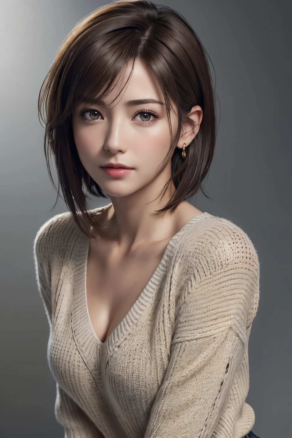 (Representative Works: 1.3), (8k, photorealistic, raw photos, Highest image quality: 1.4), (30 years old mature woman),small face, beautiful face, (realistic face),no makeup、natural makeup、light makeup、 (Dark brown, short hair: 1.3), beautiful hairstyle, realistic eyes, beautiful detailed eyes, (Photorealistic skin), beautiful skin, (sweater),、Bust B Cup、 disorganized, Charm, 超High definition, Super realistic, High definition, golden ratio, FF Tifa、Gray background、