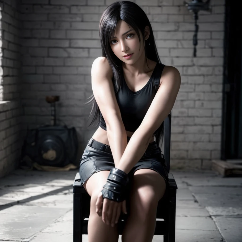 (best quality,ultra detali),(Realistic:1.37), "tifa lockhart", beautiful and detailed face, black eye makeup, texture ultra realistic, 精致的面容, beautiful and cute smile