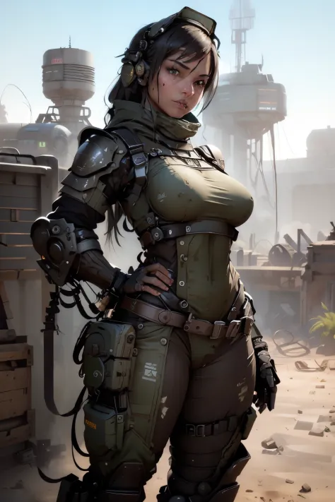 Beautiful female soldier in a green uniform holding a gun, tattered military gear, mechanized soldier girl, oversized mechanical...