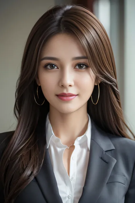 table top, highest quality, realistic, Super detailed, finely, High resolution, 8k wallpaper, 1 beautiful woman,, light brown messy hair, wearing a business suit, sharp focus, perfect dynamic composition, beautiful and detailed eyes, thin hair, Detailed re...