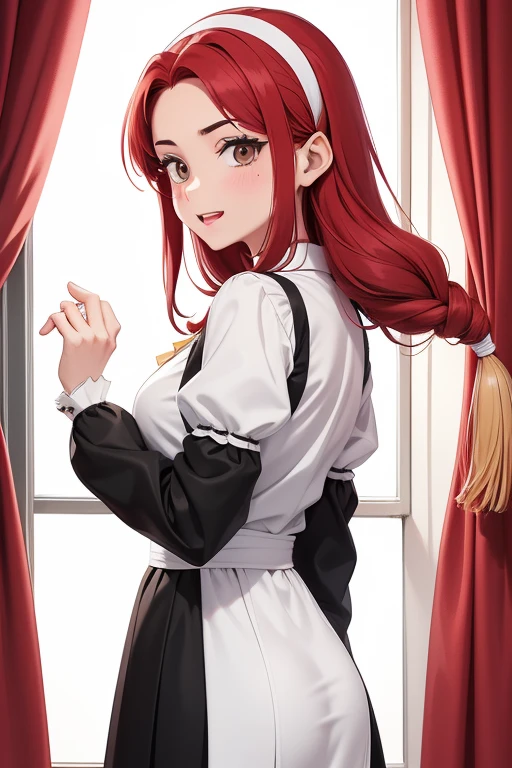 work of art,best qualityer,アニメ,(2d:1.2),Inside the house, ,  1 girl, roswaal mansion Housekeeper uniform, standing alone, Housekeeper, cyan blue eyes, shorth hair,弓 hairband, hair between the eyes, detached sleeves, gazing at viewer, Red hair band,cinta, bangss, looking back, 弓, hair orange,red cinta, black sleeves, window, long sleeves, apron, white 弓, volantes,cinta trim,drlight smile, own hands together,