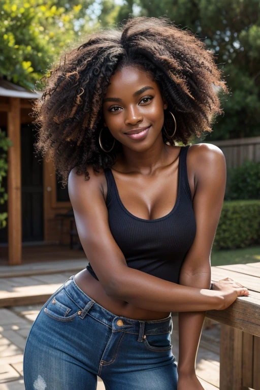 best quality, masterpiece, photo realistic, 8k, extreme resolution, ultra high res, dynamic lighting, real lighting, darkskin, curly hair, natural textured skin with pores, symmetrical face, beautiful eyes, glossy smooth lips, looking_at_viewer, smile, tank top, jeans, home backyard, detailed background
