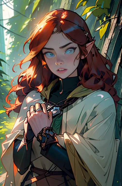 (masterpiece, best_quality, ultra-detailed, immaculate: 1.3), epic, illustration, wood elf scout, fantasy leather armor, green cloak, auburn hair, ((auburn colored hair)), very long, bright eyes, symmetrical eyes, in a lush spring forest, bombshell hair, hair blowing in wind, cute determined expression, dense forest