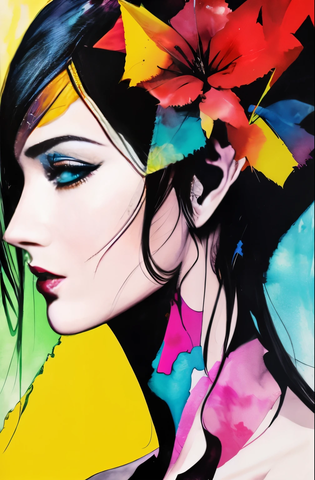 pintura de mujer, vaso, arte figurativo, Pintura de acuarela intensa, arte detallado de acuarela, salpicadura de acuarela, surreal, arte pop de vanguardia, Pinturas hermosas y expresivas., Hermosa ilustración de arte, tonos muy coloridos, maravilloso, Belleza fresca, de la máxima calidad,Arte oficial, Solo mujeres, contorno nítido, mejor tiro, vector art, Escrito por Sandra Chevrier, David McKean、Por Richard Avedón、Escrito por Makiezi Kusiala, diseño luminoso