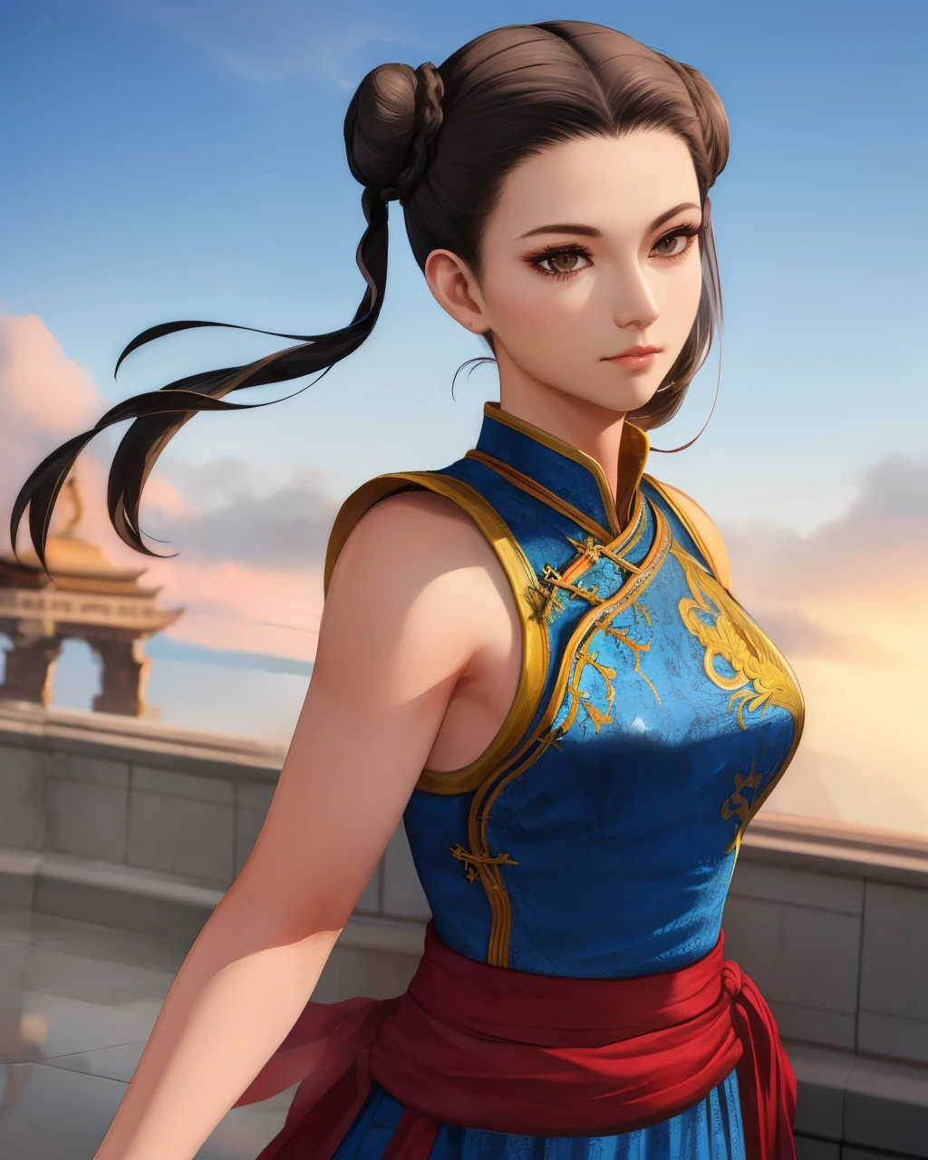 Paichang, Twin blades with blue ribbon, brown eyes, double bun,black hair,Are standing, alone , Upper body,  combat readiness, 
Paiati,blue chinese dress, Red band, pants, sleeve less,
marble floor, blue sky, cloudy, evening,
(Extremely detailed, beautiful detailed face, masterpiece, highest quality)    