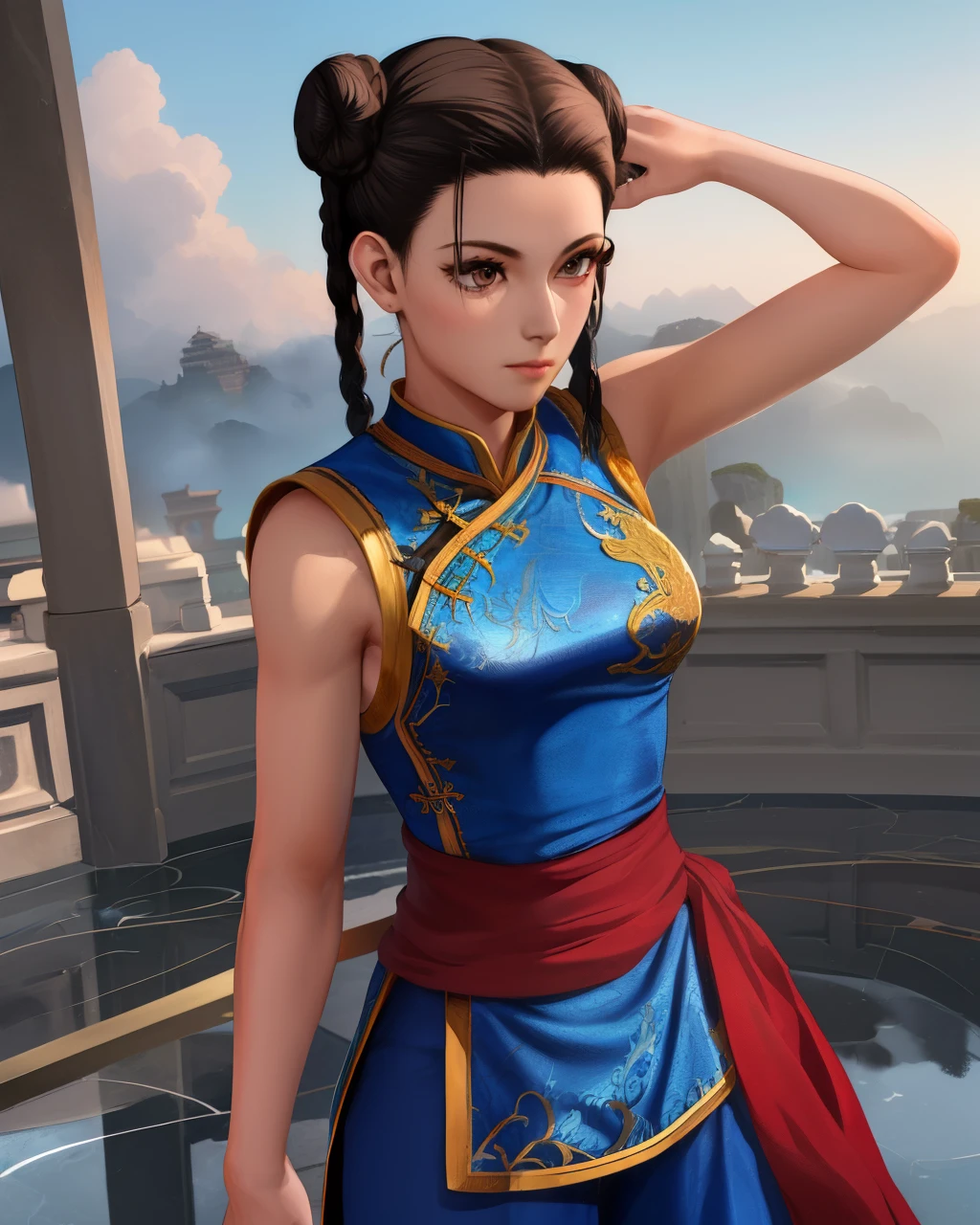 Paichang, Twin blades with blue ribbon, brown eyes, double bun,black hair,Are standing, alone , Upper body,  combat readiness, 
Paiati,blue chinese dress, Red band, pants, sleeve less,
marble floor, blue sky, cloudy, evening,
(Extremely detailed, beautiful detailed face, masterpiece, highest quality)    