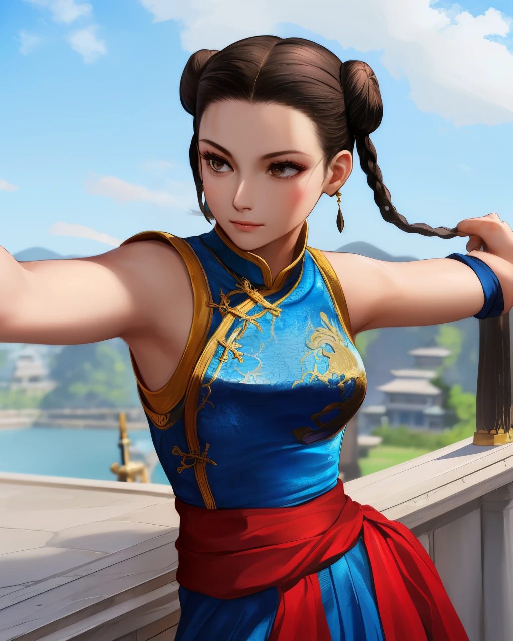 Paichang, Twin blades with blue ribbon, brown eyes, double bun,black hair,Are standing, alone , Upper body,  combat readiness, 
Paiati,blue chinese dress, Red band, pants, sleeve less,
marble floor, blue sky, cloudy, evening,
(Extremely detailed, beautiful detailed face, masterpiece, highest quality)    