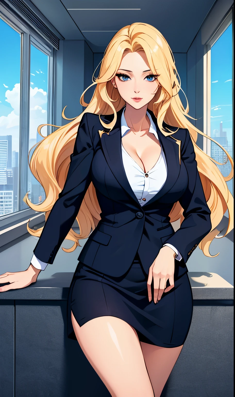 looking at viewer , full body, upper body focus, realistic,shiny skin,(office lady),business suit,cleavage, stockings, (beautiful face:1.1),(masterpiece, high quality:1.2) gigantic breasts, motherly, porcelain skin, honey blonde hair, very long hair, wavy hair,mature female