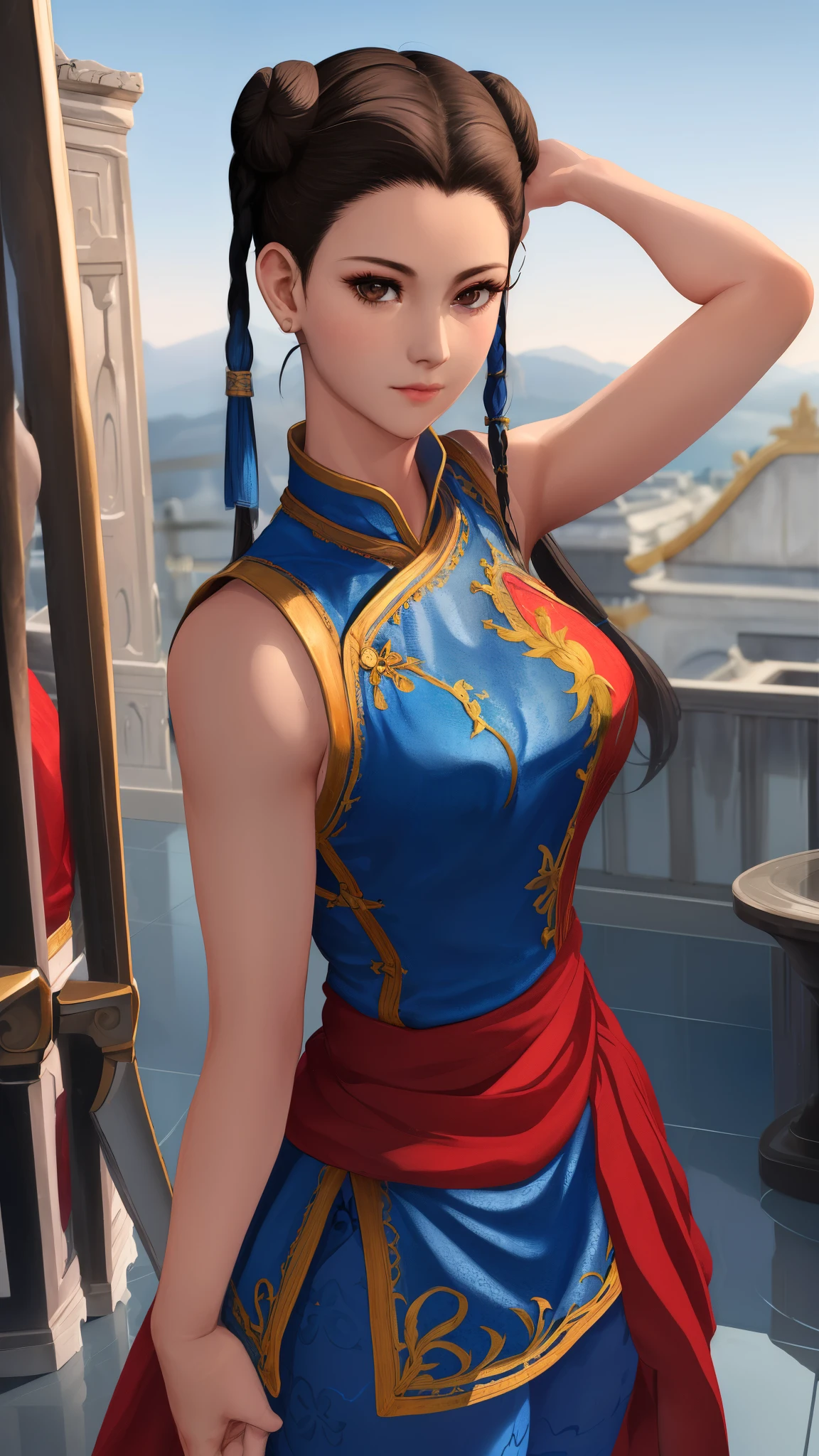 Paichang, Twin blades with blue ribbon, brown eyes, double bun,black hair,Are standing, alone , Upper body,  combat readiness, 
Paiati,White dress clothes, Red band, mini skirt、white panties、, sleeve less,
marble floor, blue sky, cloudy, evening,
(Extremely detailed, beautiful detailed face, masterpiece, highest quality)    