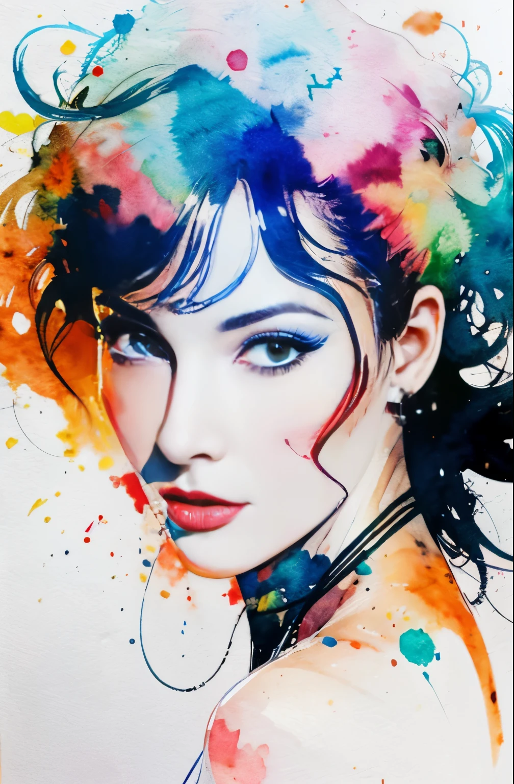 painting of woman, tumbler, figurative art, Intense watercolor painting, watercolor detailed art, Watercolor Splash, surreal, Avant-garde pop art, Beautiful and expressive paintings, Beautiful artwork illustration, very colorful tones, wonderful, cool beauty, highest quality,official art, women only, sharp outline, best shot, vector art, Written by Sandra Chevrier, Dave McKean、by Richard Avedon、Written by Makiezi Kusiala, luminous design