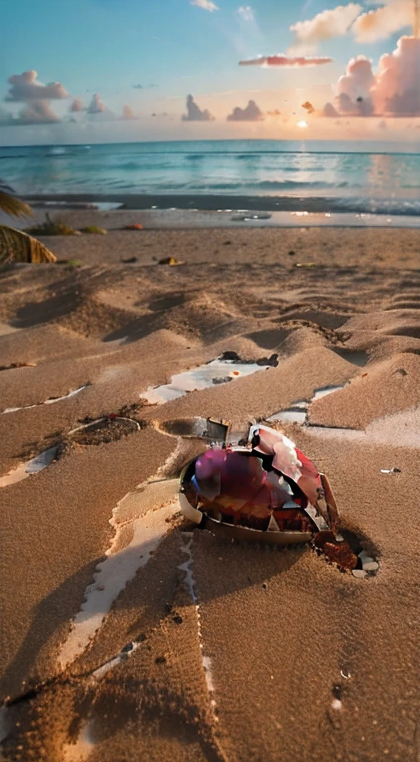 A vertical panorama of a caribean beach at dawn. A broken shattered red crystal heart laying in the sand, masterpiece, cinematic, shot with canon markIII