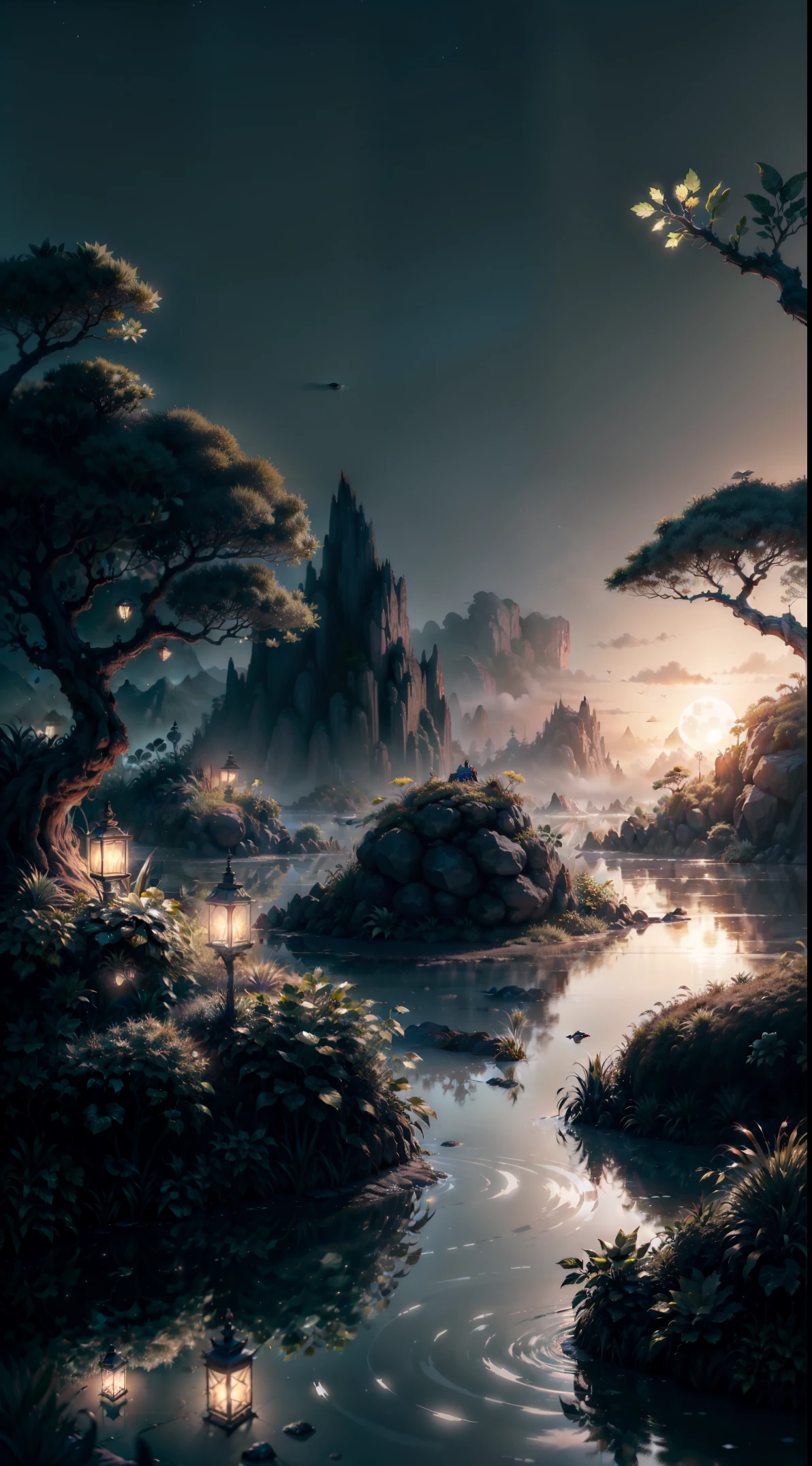 Erstellen Sie eine lebendige und niedliche dunkle Fantasy-Ninja-Eule in einem klaren, minimalistischen Cartoon-Stil, Im Hintergrund, eine Lagune mit Vegetation in einer fabelhaften Nacht, Octan-Render, 8k