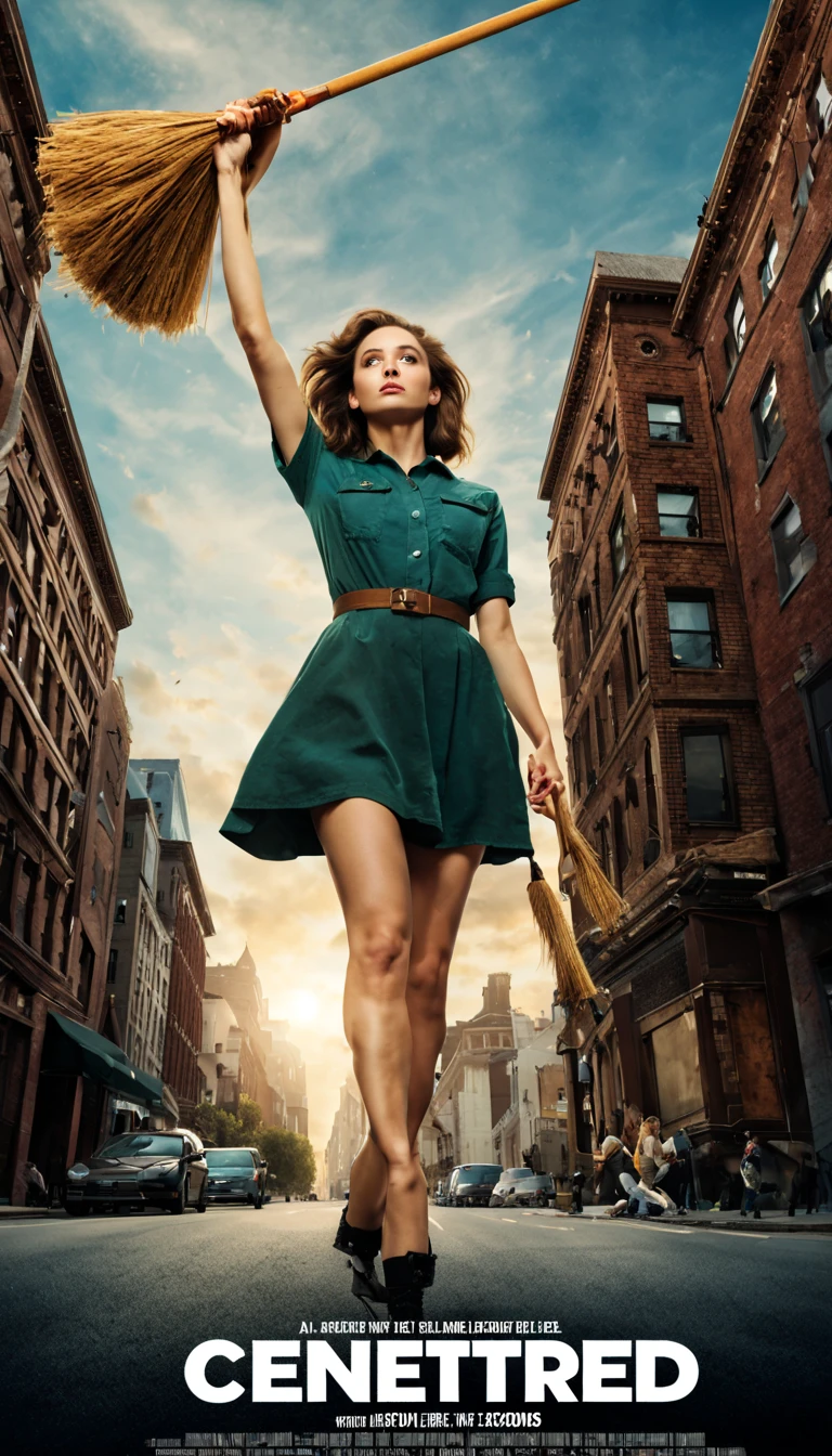 centered, A comedy  movie poster , a very beautiful young woman, a view from bottom to top, dramatic movements, a shootout with  a broom in raight hand, and spoon in left hand, in the city, atmosphere, cinematography, photography, 