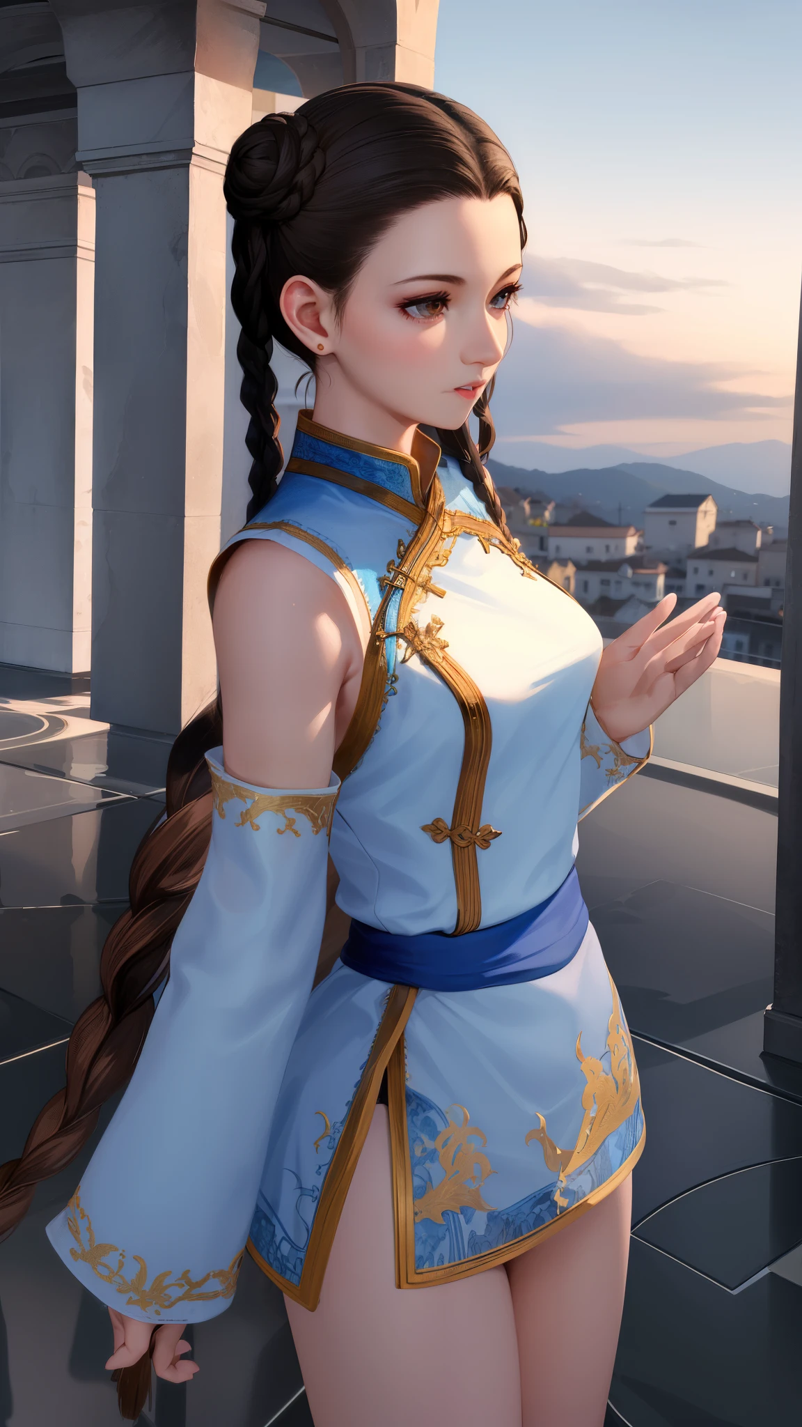 Paichang, single braid with blue ribbon, brown eyes, double bun,black hair,Are standing, alone , Upper body,  combat readiness, 
Paiati,White dress clothes, Red band, mini skirt、white panties、, sleeve less,
marble floor, blue sky, cloudy, evening,
(Extremely detailed, beautiful detailed face, masterpiece, highest quality)    