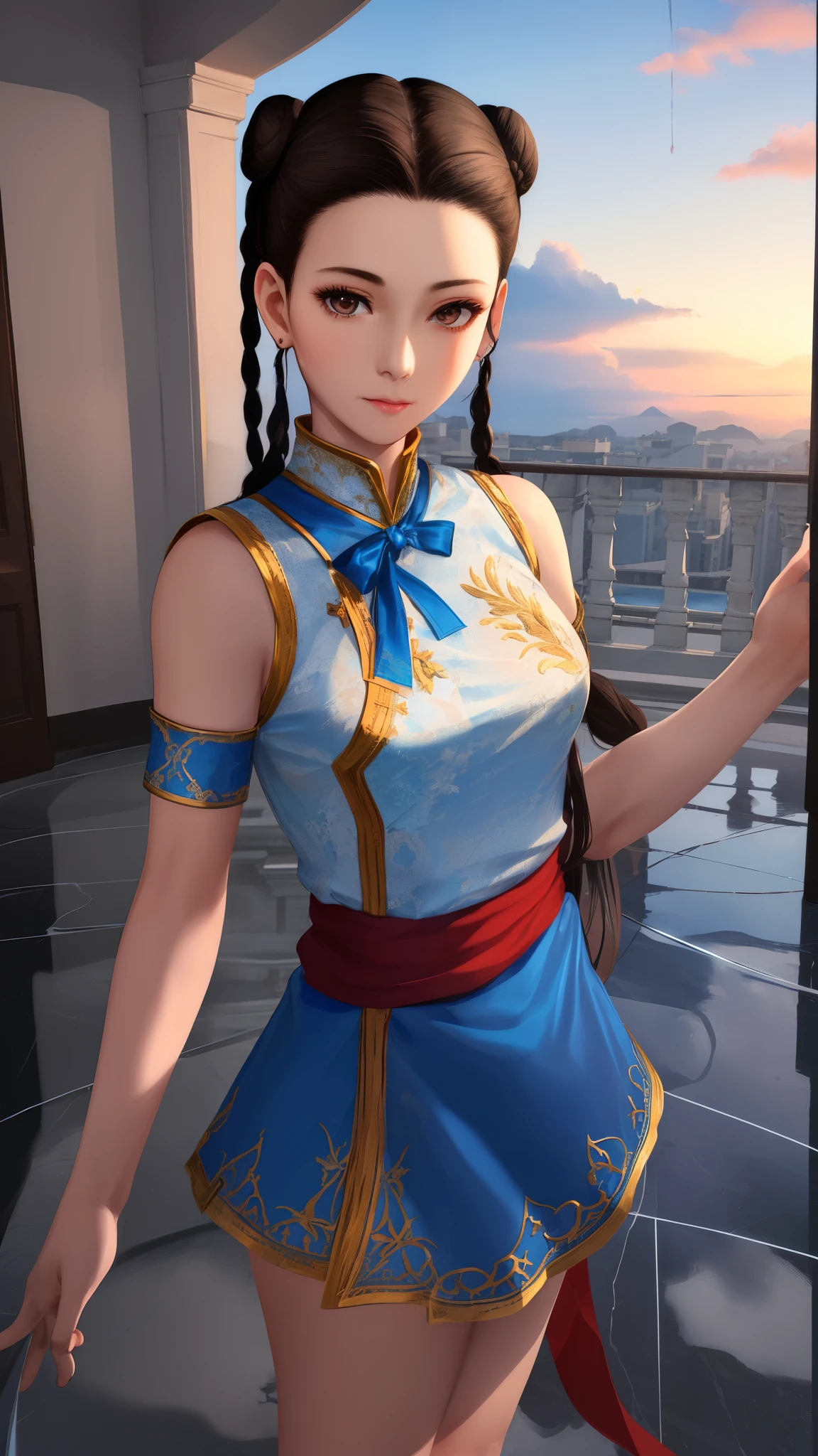 Paichang, single braid with blue ribbon, brown eyes, double bun,black hair,Are standing, alone , Upper body,  combat readiness, 
Paiati,White dress clothes, Red band, mini skirt、white panties、, sleeve less,
marble floor, blue sky, cloudy, evening,
(Extremely detailed, beautiful detailed face, masterpiece, highest quality)    