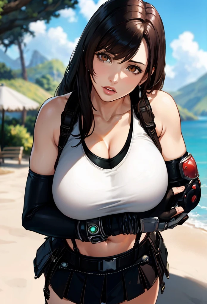 Garota anime com cabelo preto e blusa branca posando perto da água., tifa, seductive retrato de Tifa Lockhart, Tifa Lockhart, retrato de Tifa Lockhart, tifa lockheart, retrato de Tifa Lockhart, glamorosa tifa lockheart, Tifa Lockhart con el pelo blanco, arte cg anime suave, [ Arte Digital 4K ]!!, Mai Shiranui