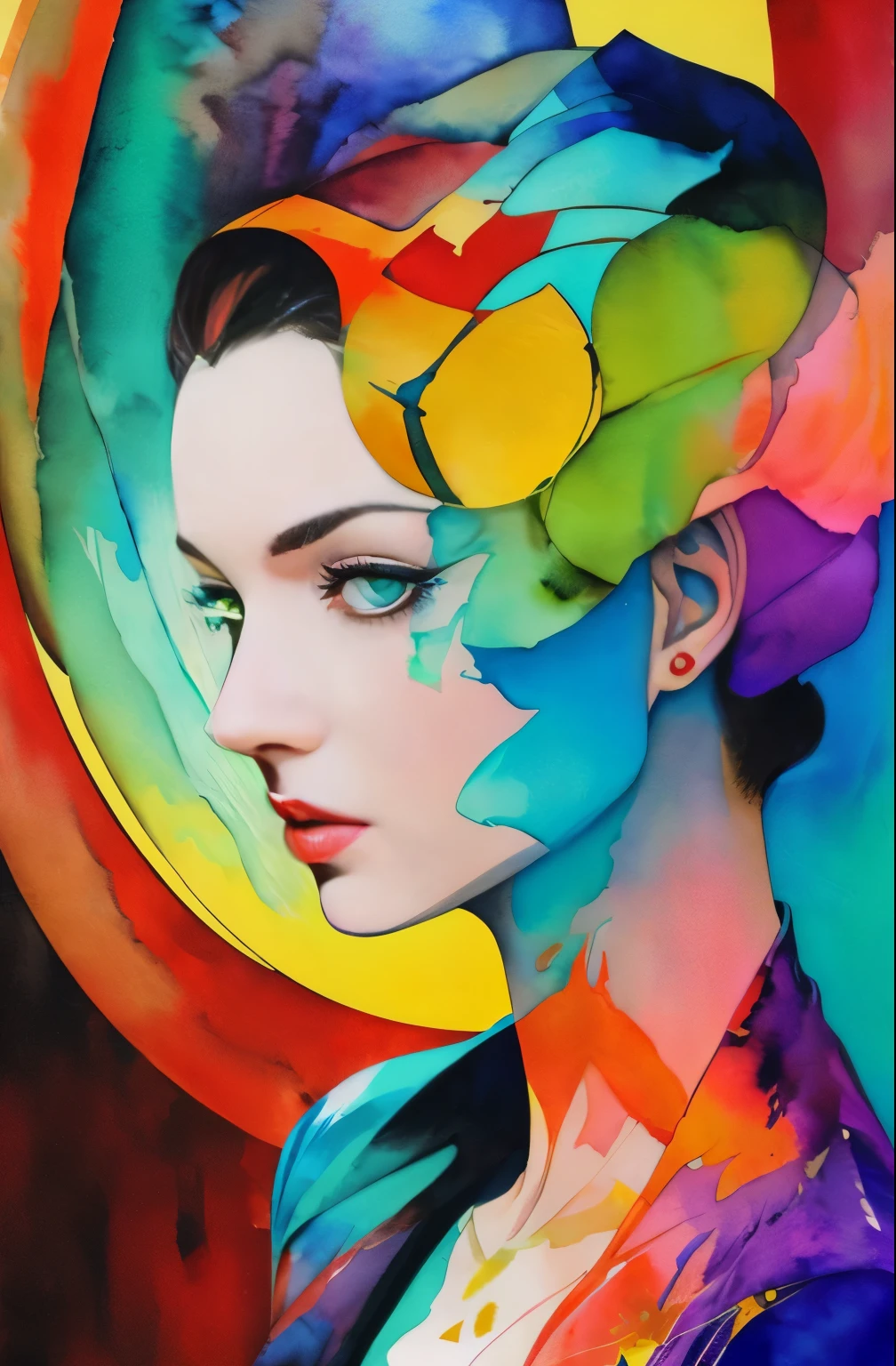 pintura de mujer, vaso, arte figurativo, Pintura de acuarela intensa, arte detallado de acuarela, salpicadura de acuarela, surreal, arte pop de vanguardia, Pinturas hermosas y expresivas., Hermosa ilustración de arte, tonos muy coloridos, maravilloso, Belleza fresca, de la máxima calidad,Arte oficial, Solo mujeres, contorno nítido, mejor tiro, vector art, Escrito por Sandra Chevrier, David McKean、Por Richard Avedón、Escrito por Makiezi Kusiala, diseño luminoso
