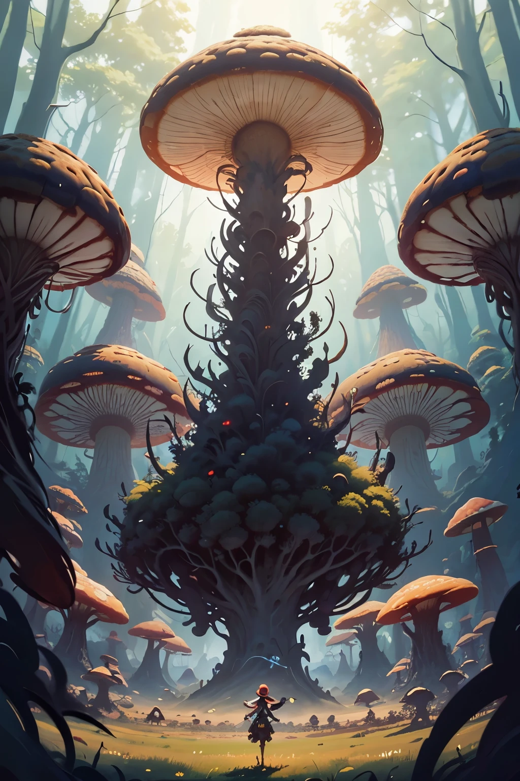  a woman with  hat, standing in a field of giant mushrooms, peter mohrbacher. unreal engine, peter mohrbacher style, mohrbacher, style of peter mohrbacher, wlop and krenz cushart, in style of peter mohrbacher, in the art style of mohrbacher, peter mohrbacher artstyle