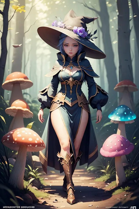 there is a woman in a hat and dress walking through a forest of glowing mushrooms, concept art inspired by rossdraws, Artstation...
