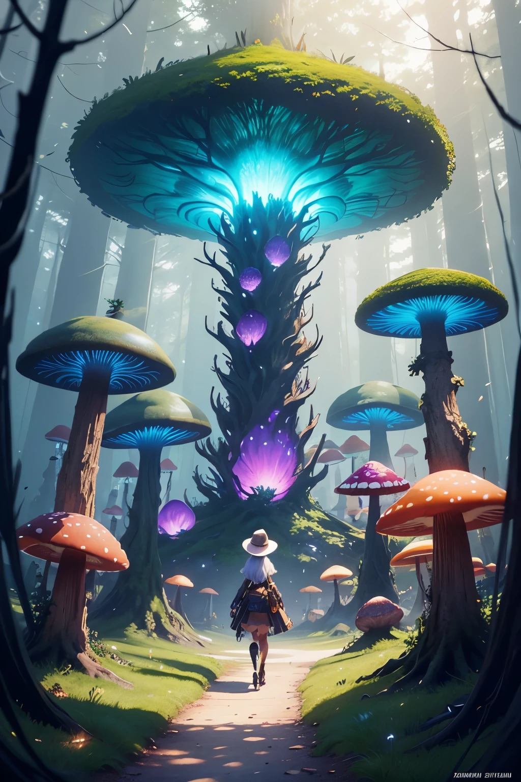 there is a woman in a hat and dress walking through a forest of glowing mushrooms, concept art inspired by rossdraws, Artstation contest winner, fantasy art, fantasy art style, 2. 5 d cgi anime fantasy artwork, digital 2d fantasy art, fantasy style art, epic fantasy art style, detailed digital 2d fantasy art, epic fantasy art style hd, anime fantasy illustration