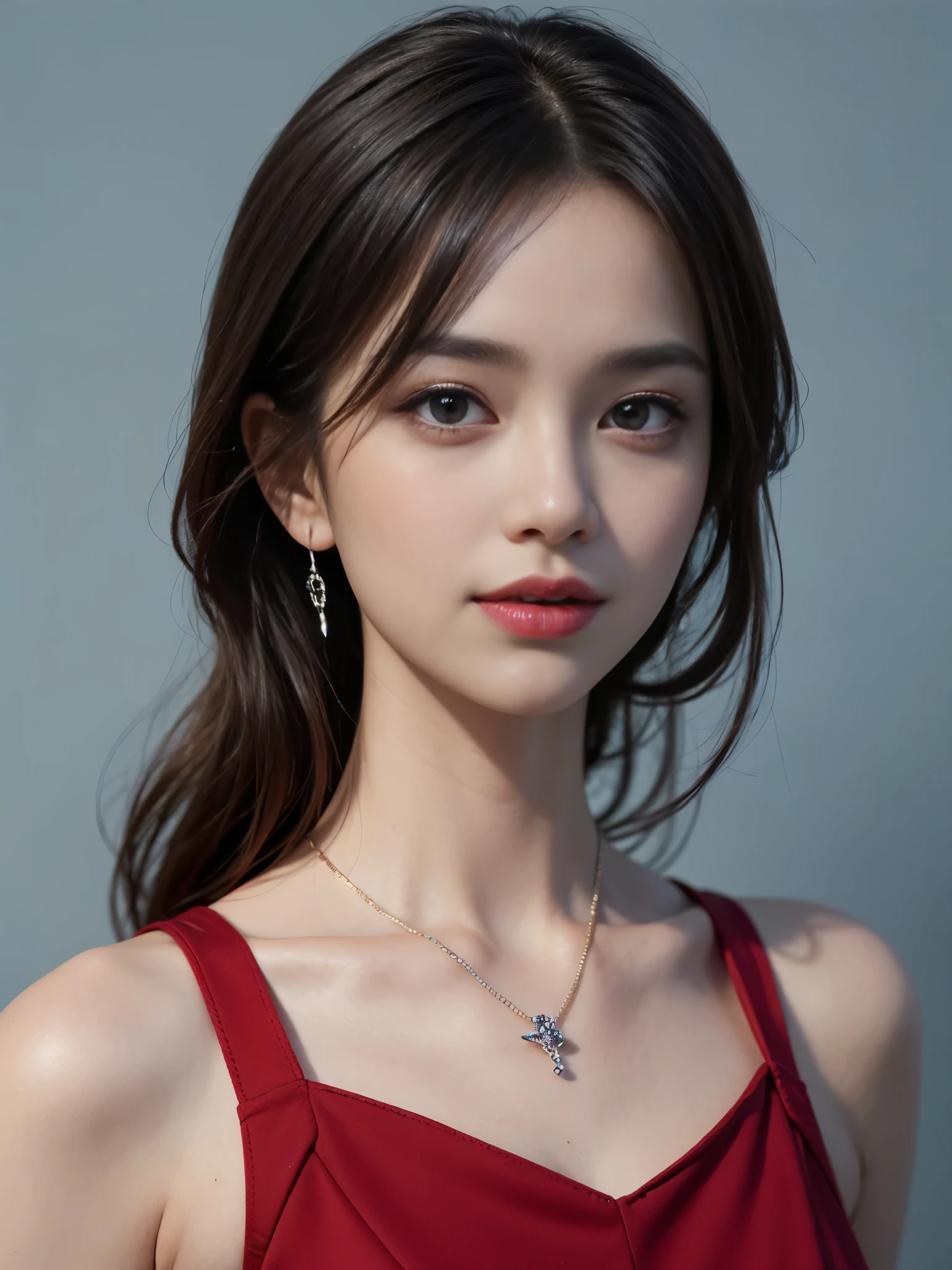 (close:1.2), masterpiece, highest quality, 8K, disorganized, beautiful girl, cute face, looking at the viewer, smile, (Dark red dress:1.6), ruby earrings, ruby necklace, , cute, (smokey red eye shadow with glitter, glazed pinkish red lips:0.8), surreal, High resolution, photograph, film grain, chromatic aberration, sharp focus, HDR, face light, dynamic lighting, cinematic lighting, professional shadow, background, (dull blue background:1.4), most detailed, very detailed, Super detailed, finely, real skin, delicate features, detailed face and eyes, sharp pupils, realistic student