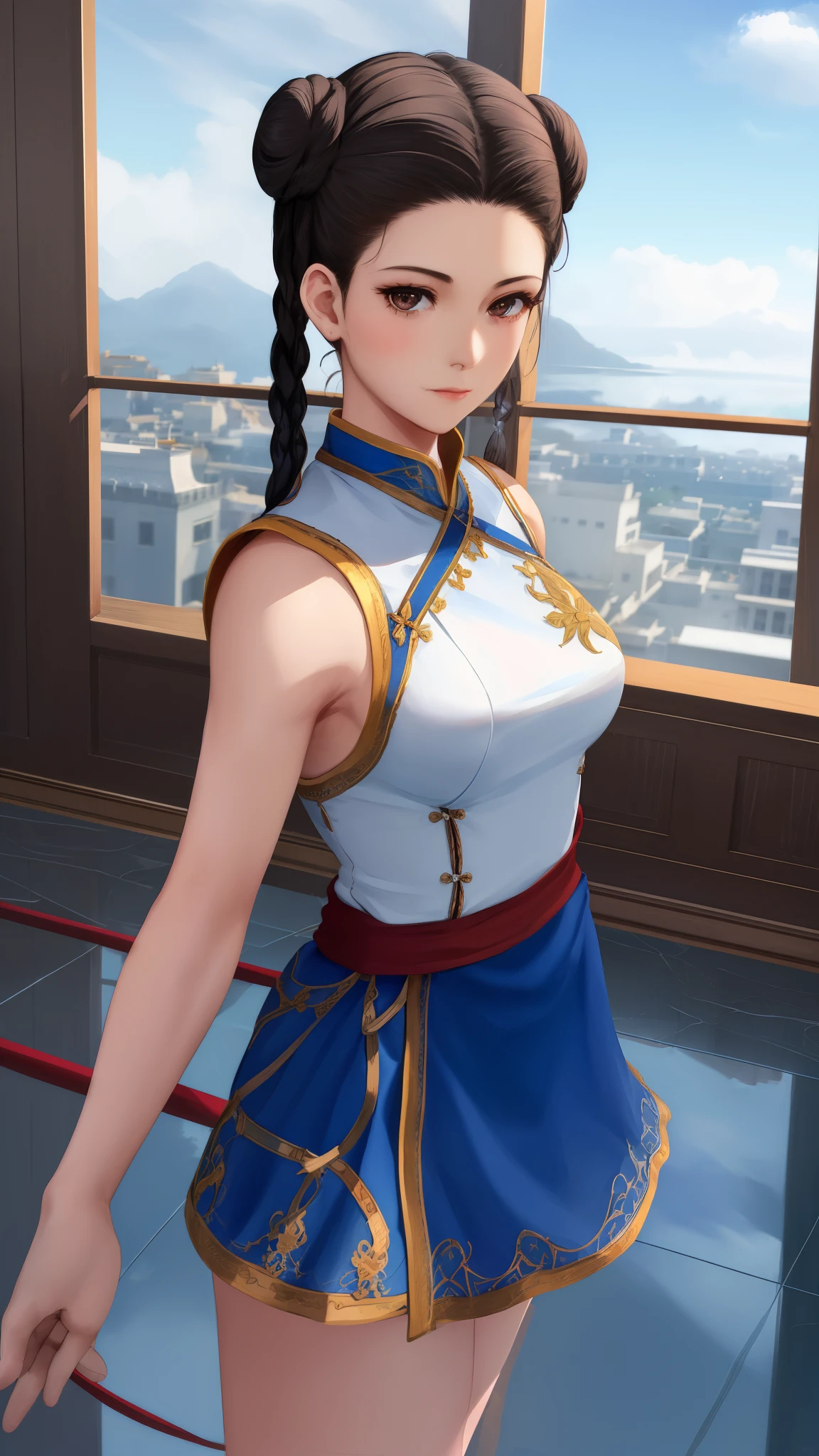 Paichang, single braid with blue ribbon, brown eyes, double bun,black hair,Are standing, alone , Upper body,  combat readiness, 
Paiati,White dress clothes, Red band, mini skirt、white panties、, sleeve less,
marble floor, blue sky, cloudy, evening,
(Extremely detailed, beautiful detailed face, masterpiece, highest quality)    