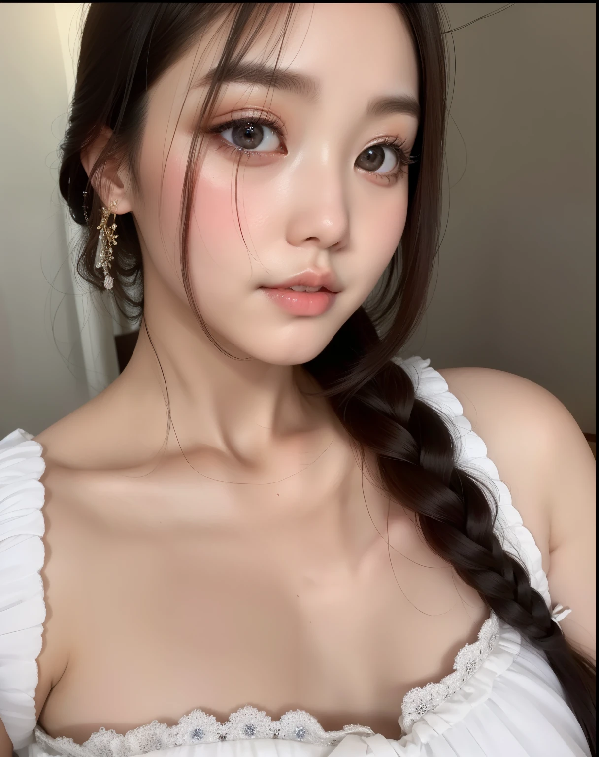 A close up of a woman with long hair wearing a white dress - SeaArt AI