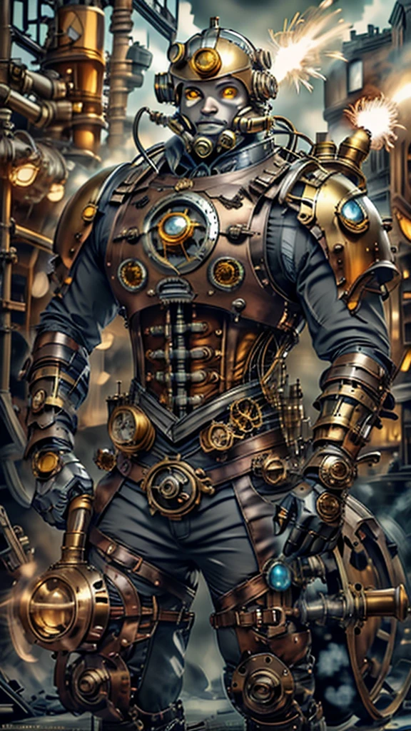 مخلوق يرتدي خوذة ميكانيكية بعيون صفراء ودرع مدرع ميكانيكي ثقيل Steampunk به فتحات بأضواء زرقاء ساطعة للغاية ويحمل مطرقة ثقيلة عملاقة بها ألعاب نارية على الجانب وخلفية مائية رمادية 