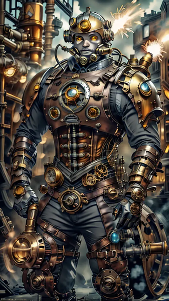 Creature in mechanical helmet with yellow eyes and heavy steampunk mechanical armored armor with holes with very bright blue lig...