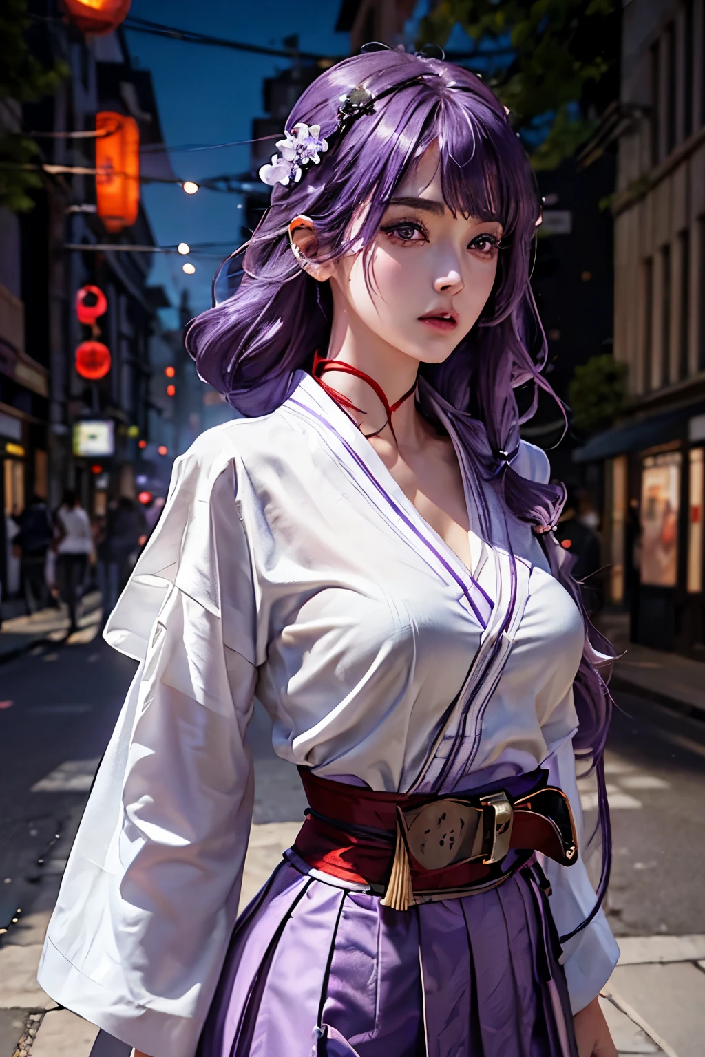 masterpiece,best quality, high resolution, (A busy city street in a modern city:1.4), Cinema lighting,1 girl, Thunder General, Detailed clothes, White clothes, blunt bangs, braid, (medium breasts:1.3),(Breast protrusion:1.3),split, wide-sleeved kimono, (hair accessories:1.3), white japanese clothes, (red belt:1.4), (purple hair:1.4), very long hair, straight hair, Detailed face, Cool face, (smooth jaw:0.85), Keep your mouth shut, long eyelashes, sharp vision, [looking at the audience|look back|look to the side] ,beautiful eyes, delicate eyes, thick eyebrows, red eye shadow, Symmetrical eyes, skirt, [Put your arms behind your back|hands on own chest], highly detailed back ground,(Photorealistic:1.35),dappled sunshine,[from the side|from behind|from below],