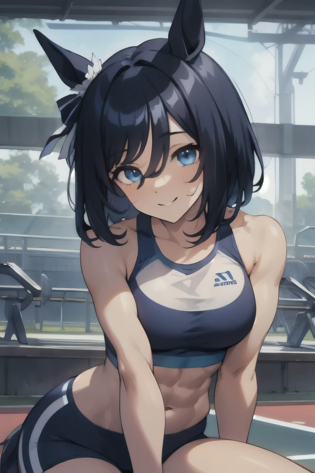 Anime girl in a sports bra top and shorts sitting on a bench - SeaArt AI