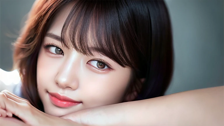 Looking at the audience, light makeup, realism, realistic photos, professional color correction, 8K, F2.4 aperture, 35mm lens, realistic real face, only the face area is included, ultra detailed, short hair, smile.