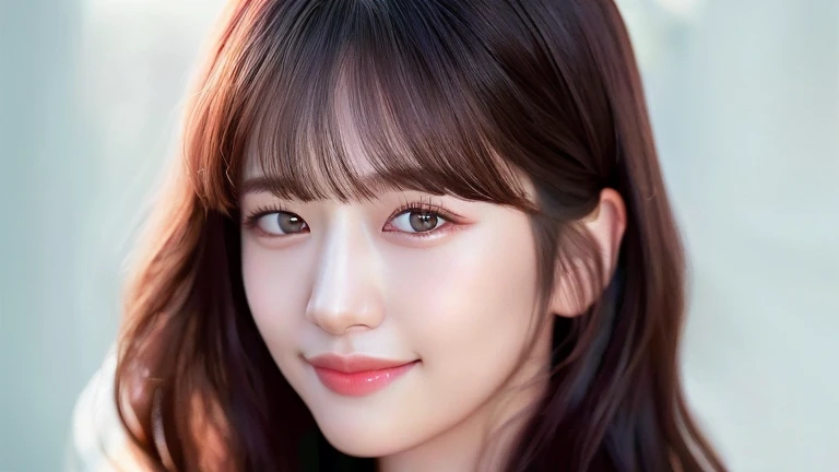 Looking at the audience, light makeup, realism, realistic photos, professional color correction, 8K, F2.4 aperture, 35mm lens, realistic real face, only the face area is included, ultra detailed, medium hair, bangs, smile.