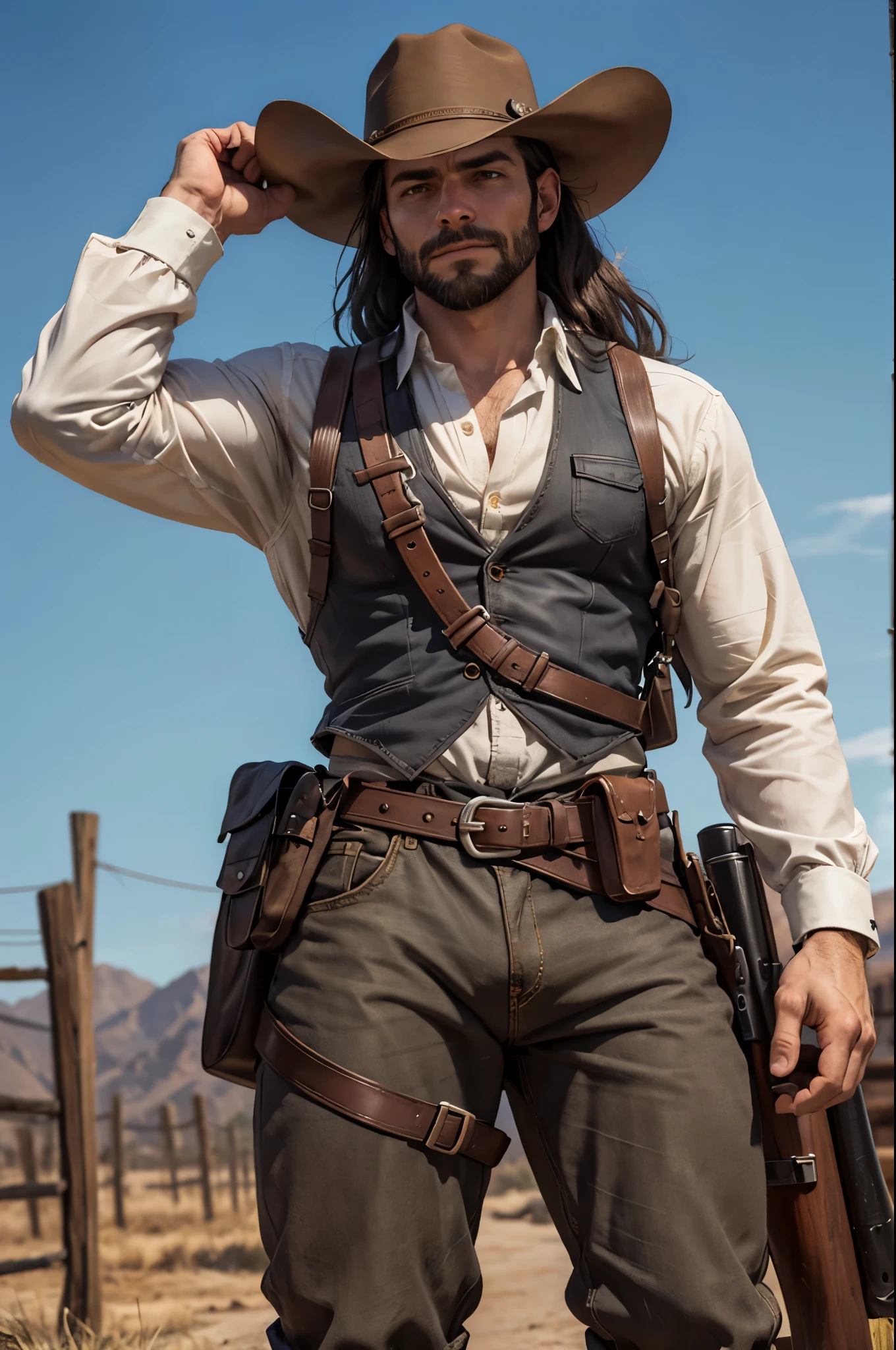 Um homem de 35 anos, com uma barba curta incrível em preto, cabelos longos e lisos também em preto, destacando seus olhos azuis deslumbrantes e um corpo atraente, imerso em um cenário ocidental inspirado em Red Dead, vestindo uma roupa autêntica de cowboy e com uma arma no coldre. ilustração, estilo desenhado à mão com detalhes minuciosos, --ar 16:9 --v 5